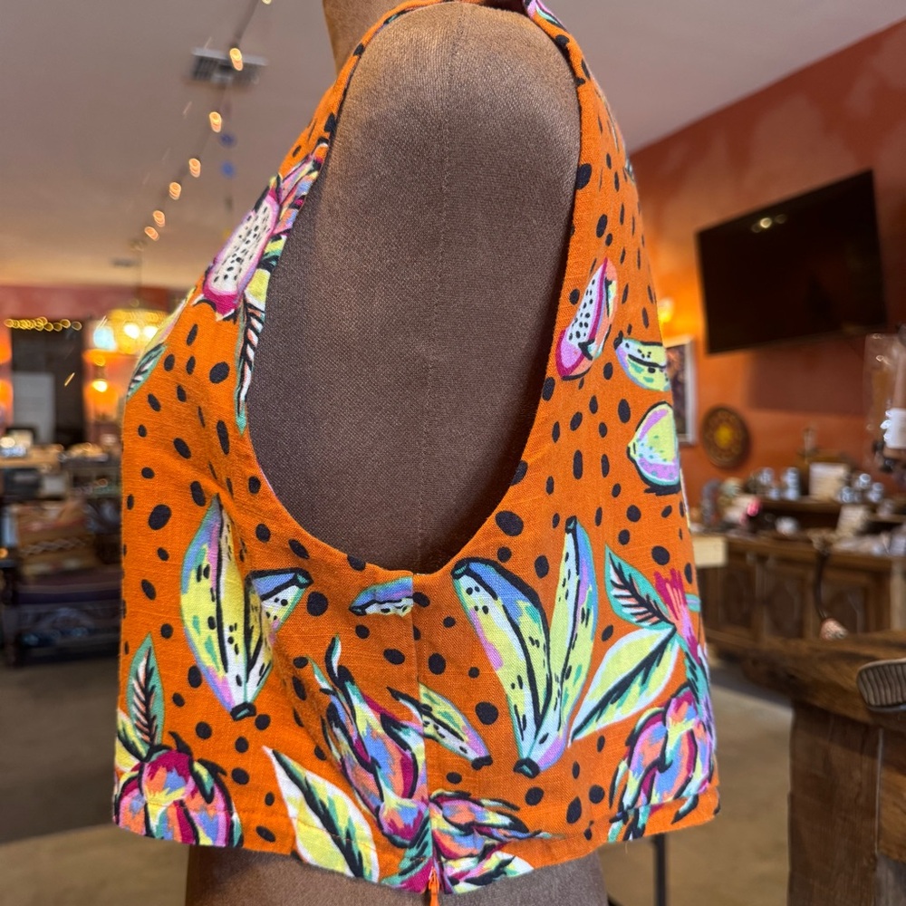 SOLD Tropical Orange Linen blend Floral Crop Top Large - Picture 4 of 12